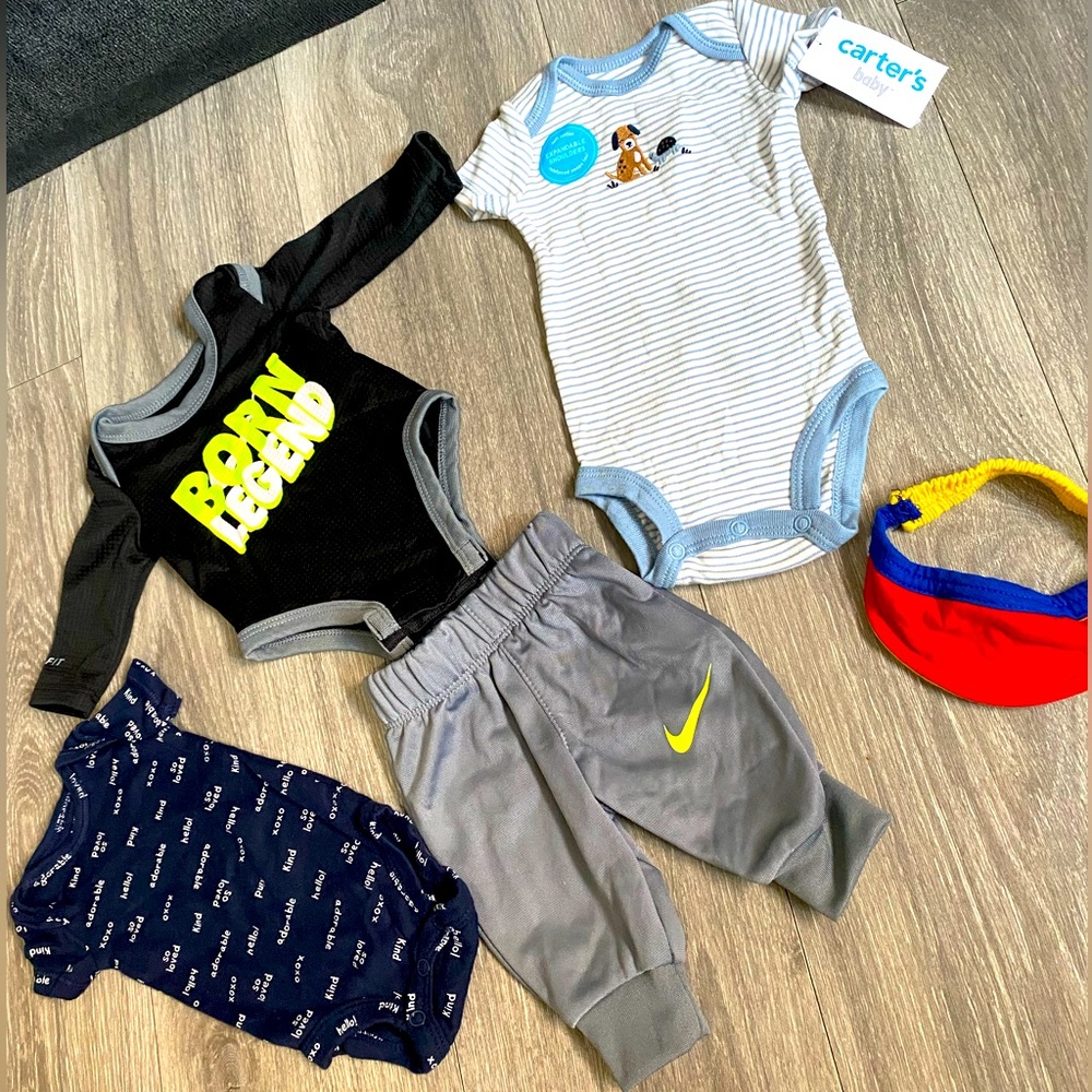 Dri fit matching set, and 2 carters onesies. Hat visor is FREE with purchase